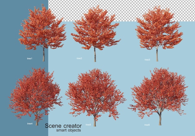 Representación 3D de arreglo de árboles y flores