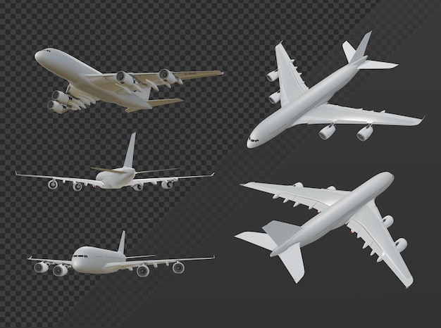 Representación 3d de un avión comercial blanco limpio desde varios ángulos de perspectiva