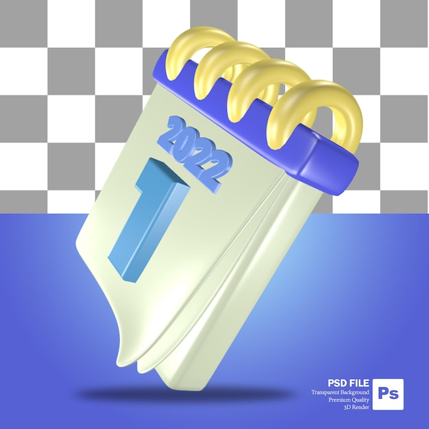 Representación 3d azul y blanca del objeto de calendario de principios de año con el número del 1 de enero