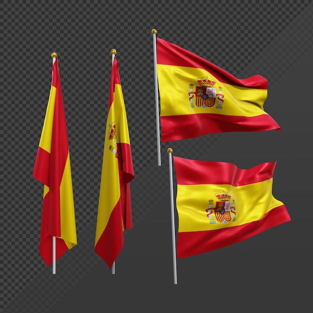 PSD representación 3d bandera de españa ondeando revoloteando y sin aleteo perspectiva varias vistas