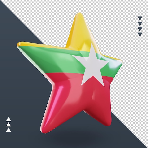 Representación 3d de la bandera de myanmar estrella vista izquierda