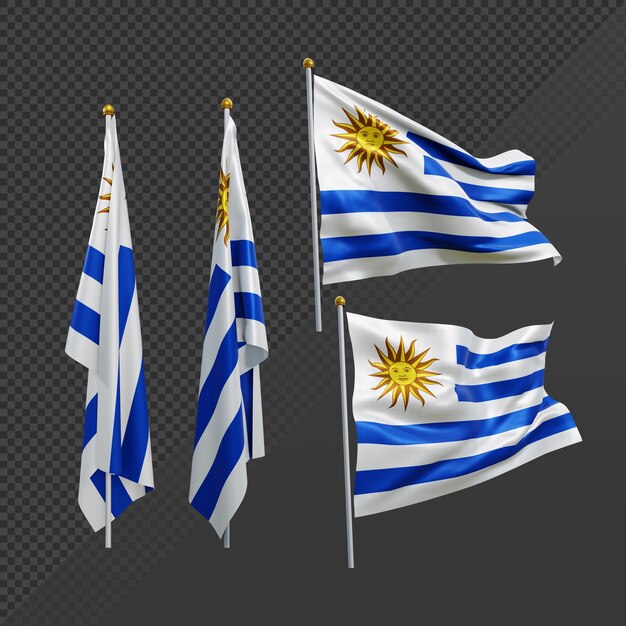 Representación 3d bandera de uruguay ondeando revoloteando y sin aleteo perspectiva varias vistas