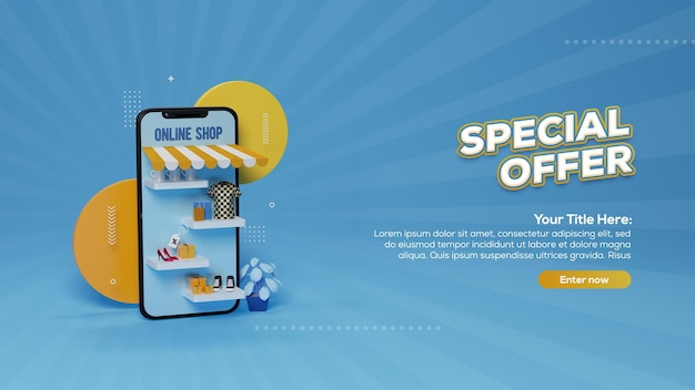 Representación 3d banner de oferta especial en línea con teléfono inteligente