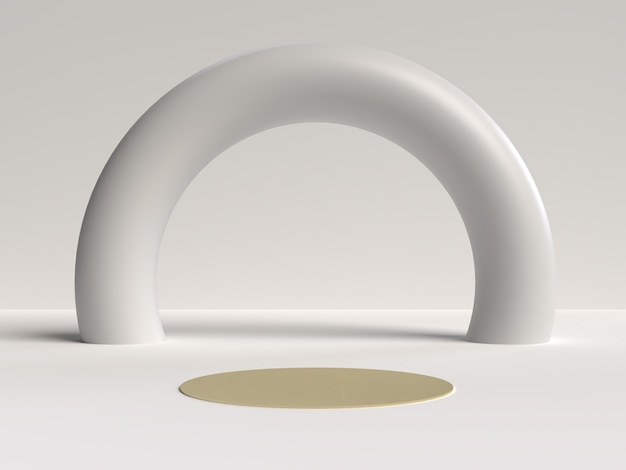 Representación 3D en blanco y dorado del podio de forma de geometría de escena abstracta para exhibición de productos