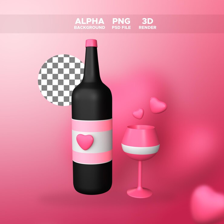 PSD representación 3d botella de bebida de amor e icono de vidrio para la ilustración de diseño de san valentín