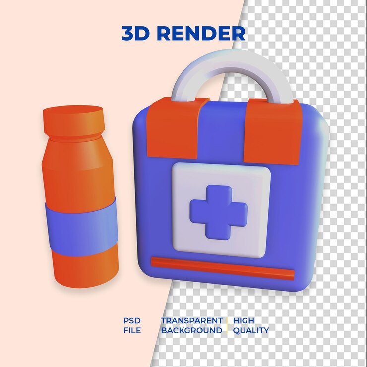 PSD representación 3d de botiquín de primeros auxilios y botella de medicamentos aislado