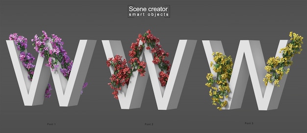 Representación 3d de buganvillas rastreras en el alfabeto w