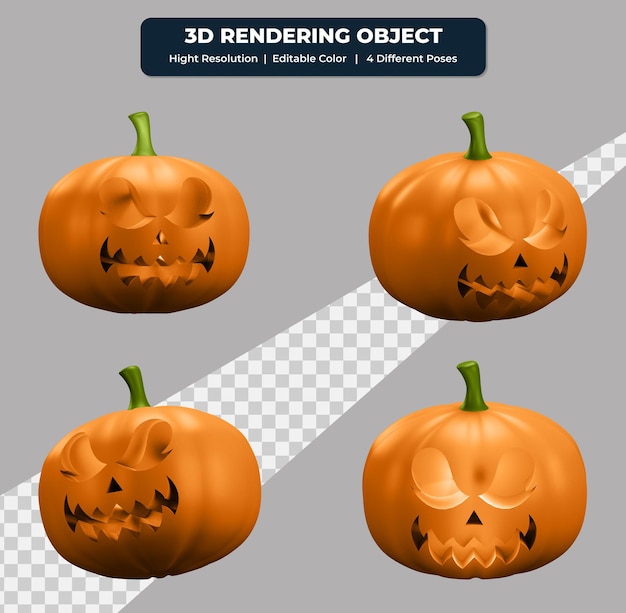 PSD representación 3d de calabaza aterradora con cuatro poses diferentes y color editable