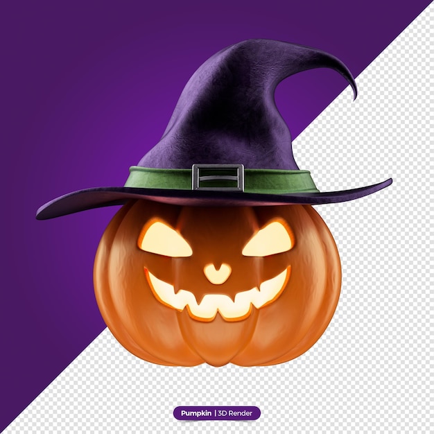 Representación 3d de calabaza de halloween realista con sombrero de bruja