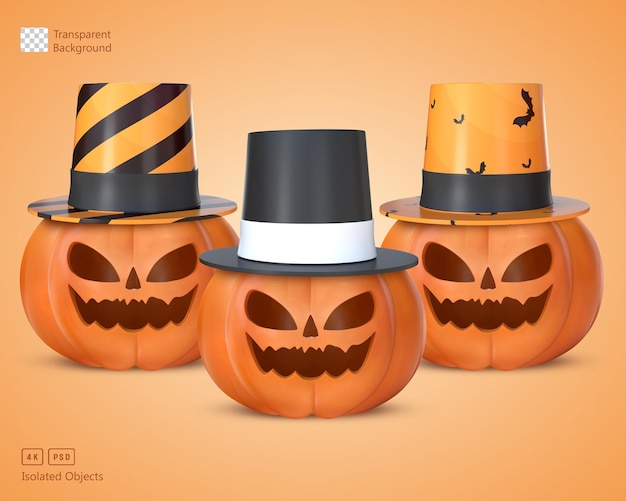 PSD representación 3d de calabazas de halloween con sombreros de carnaval