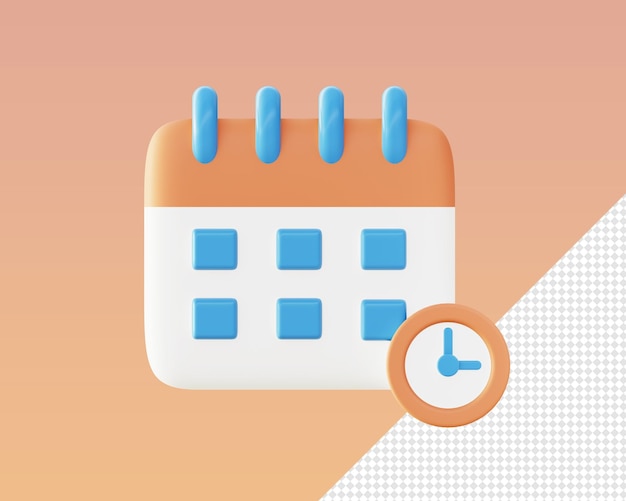 Representación 3d del calendario naranja con iconos de ilustración de tiempo para diseños de anuncios de aplicaciones móviles web UI UX