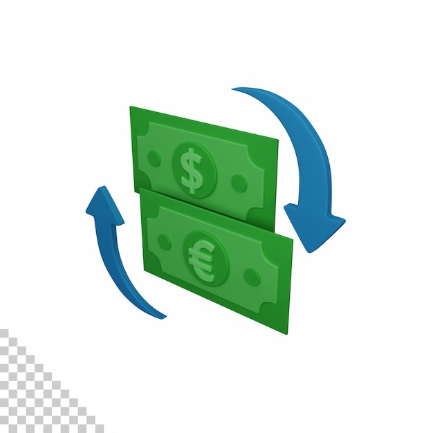 Representación 3d de cambio de dinero aislado útil para el diseño de economía y finanzas de moneda comercial