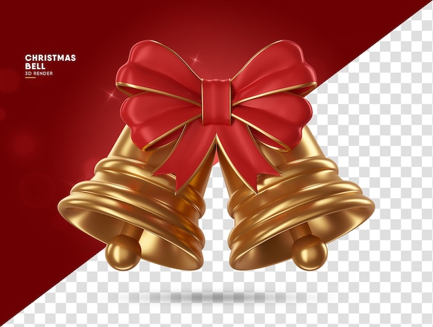 Representación 3D de la campana dorada de Navidad con cinta roja