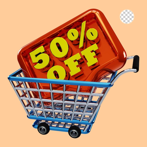 Representación 3D de carrito de compras con 50 por ciento de venta
