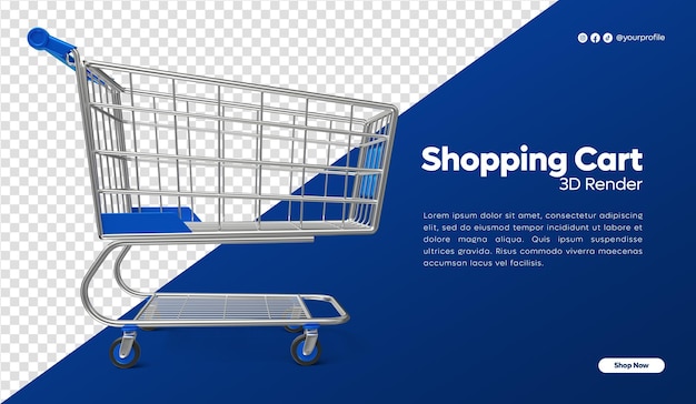 Representación 3d de un carrito de compras azul realista