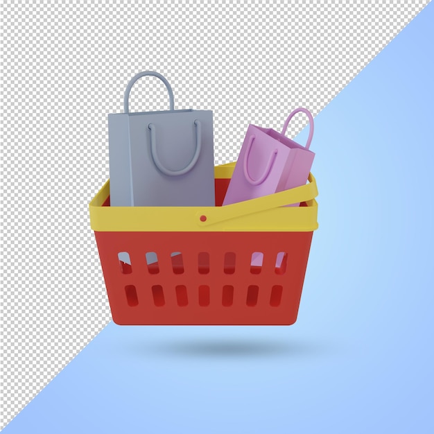 Representación 3D de carrito de compras y bolsas de compras archivo psd