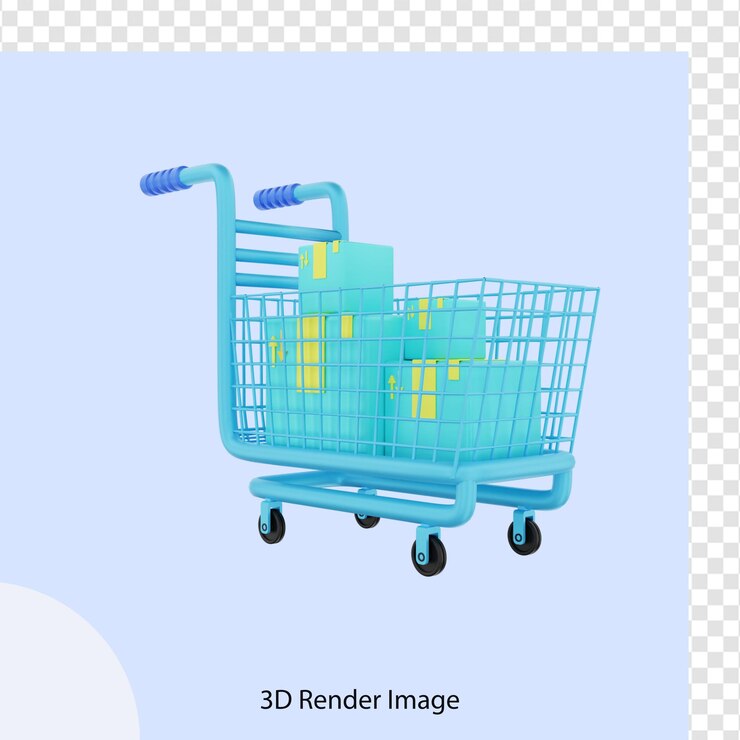PSD representación 3d del carrito de compras de comercio electrónico con paquetes