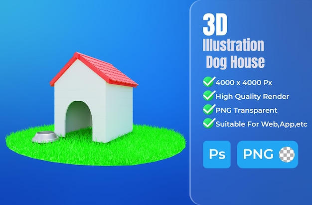 PSD representación 3d de una casa de perro en la hierba