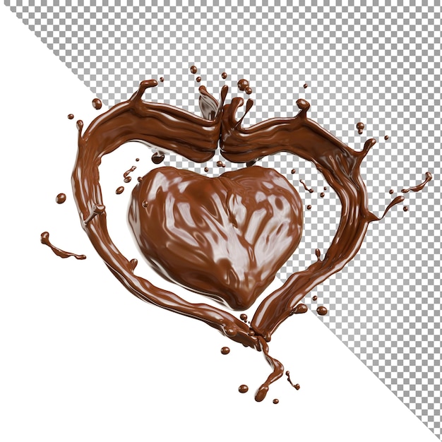Representación 3D de chocolate splash en forma de corazón aislado sobre fondo blanco. trazado de recorte
