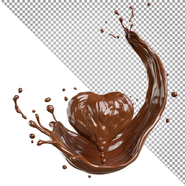 Representación 3D de chocolate splash en forma de corazón aislado sobre fondo transparente, trazado de recorte