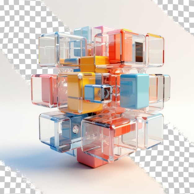 Representación 3D de un colorido cubo fragmentado que representa el fondo transparente de construcción y almacenamiento de información