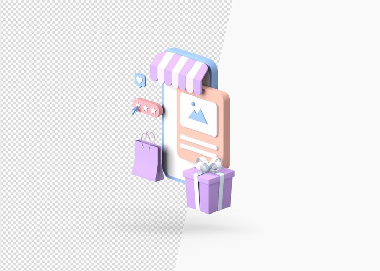 Representación 3D de compras de comercio electrónico en línea en la tienda móvil