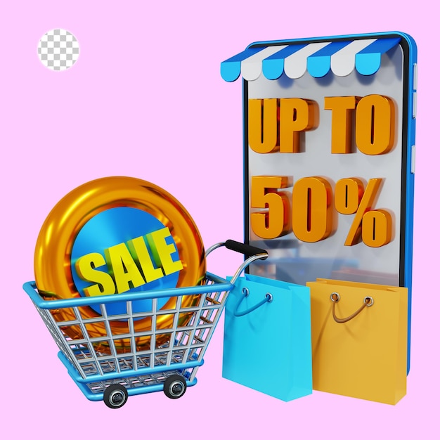 Representación 3d de compras en línea con 50 por ciento de venta