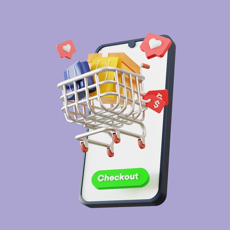PSD representación 3d de compras en línea en la aplicación para teléfonos inteligentes