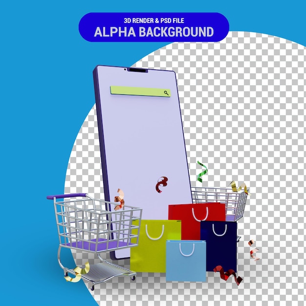 Representación 3d de compras en línea con carrito de compras de teléfono inteligente y bolsas de papel de fondo transparente
