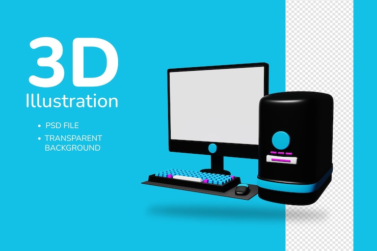 PSD representación 3d de una computadora con cpu, monitor, teclado y mouse.