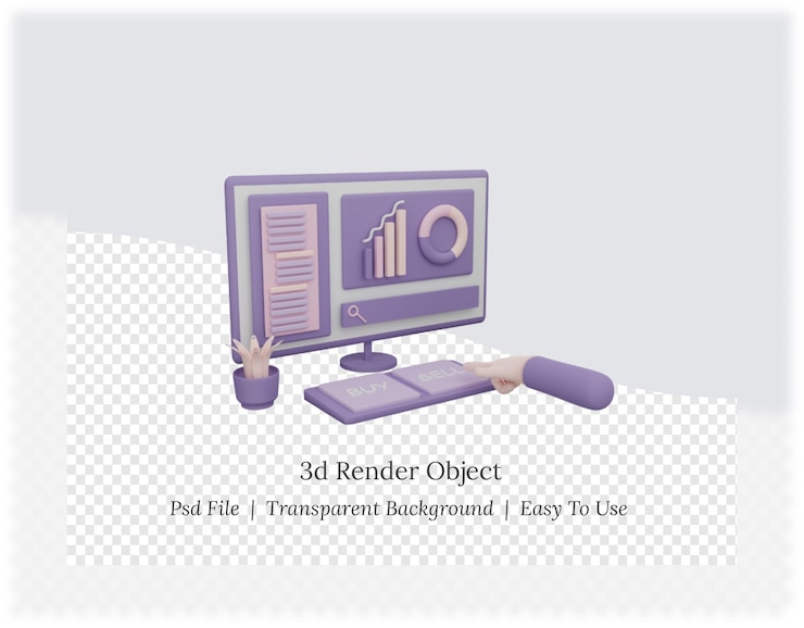 PSD representación 3d de la computadora a mano eligiendo comprar o vender comercio