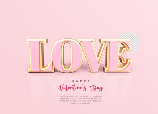 Representación 3d del concepto del día de San Valentín del amor del texto del oro rosa