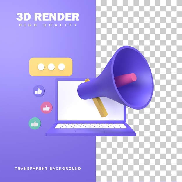 Representación 3D del concepto de marketing digital con promoción mediante medios digitales.