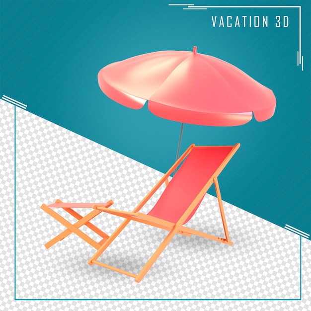 Representación 3d del concepto de vacaciones de verano con silla de playa y sombrilla