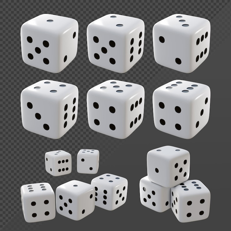 PSD representación 3d de dados en blanco y negro desde múltiples ángulos de visión en perspectiva