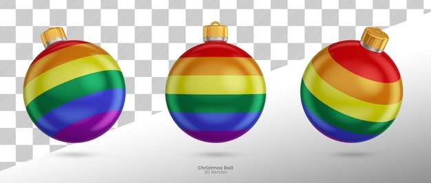 Representación 3d de la decoración de la bola de navidad de la bandera del arco iris lgbt