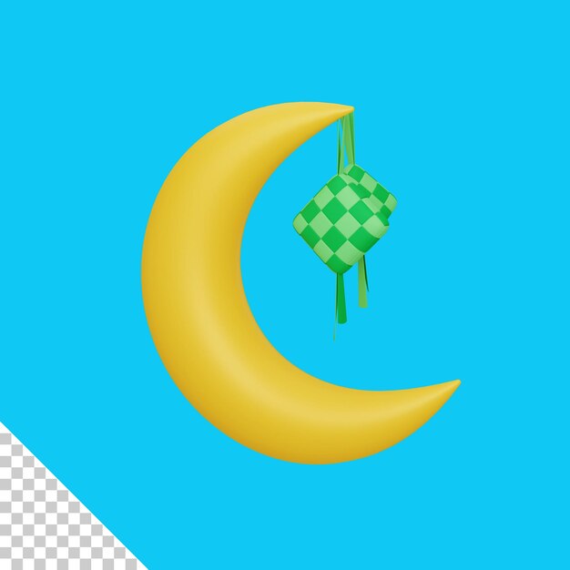 Representación 3d decoración islámica con luna creciente y ketupat útil para ramadan kareem