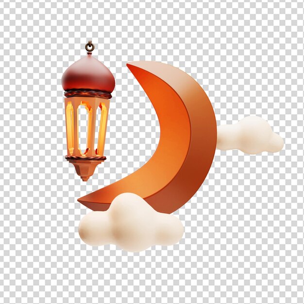 Representación 3d de la decoración islámica ramadán de nubes crecientes y linternas árabes