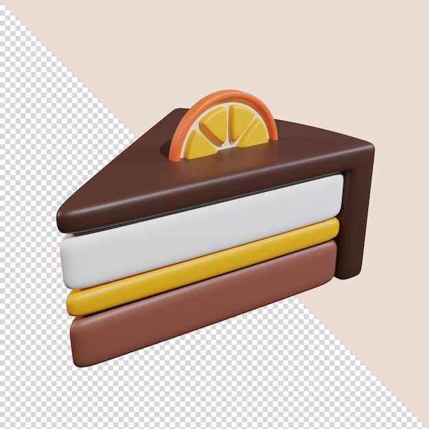 Representación 3d de un delicioso trozo de pastel de chocolate y naranja