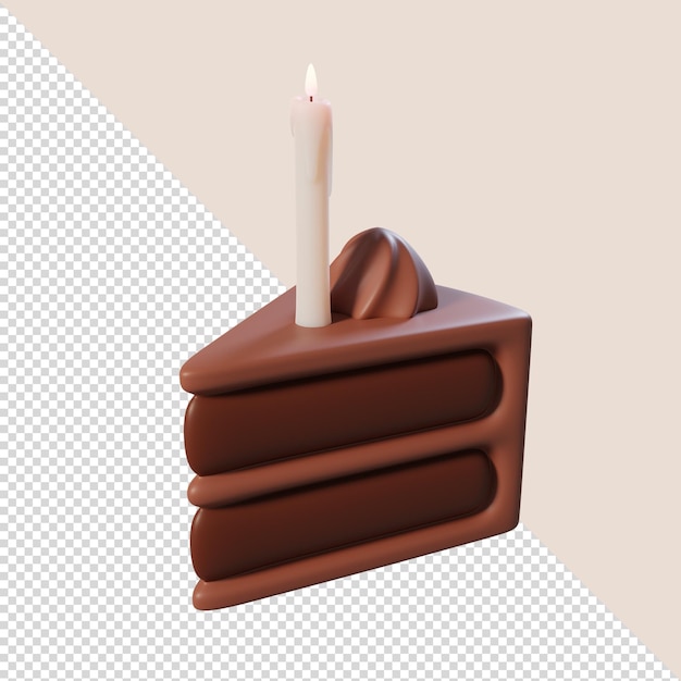 Representación 3d de un delicioso trozo de pastel de chocolate con vela