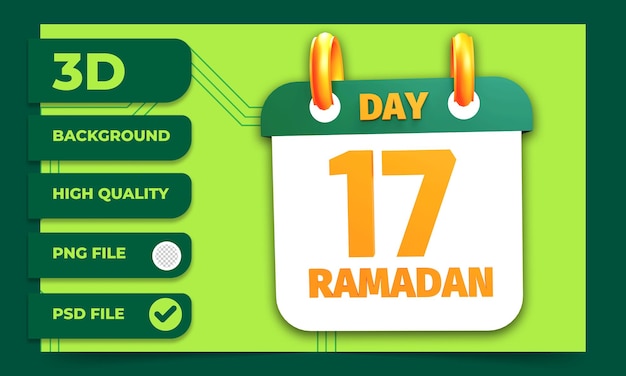 Representación 3d del día 17 del calendario de ramadán para el ayuno musulmán