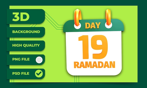 Representación 3d del día 19 del calendario de ramadán para el ayuno musulmán