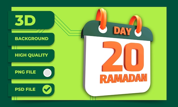 PSD representación 3d del día 20 del calendario de ramadán para el ayuno musulmán