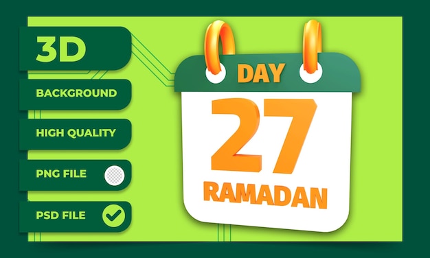 PSD representación 3d del día 27 del calendario de ramadán para el ayuno musulmán