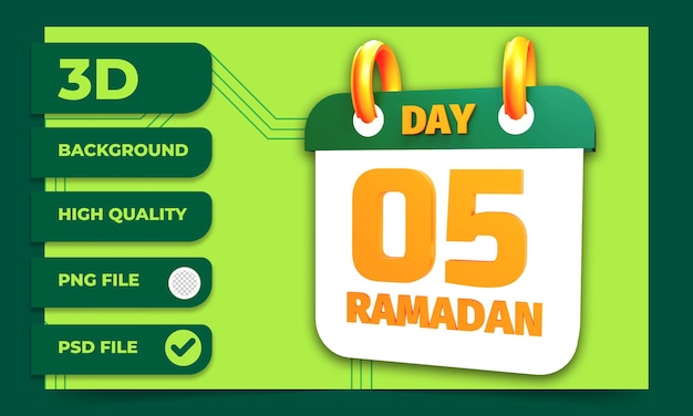 PSD representación 3d del día 5 del calendario de ramadán para el ayuno musulmán