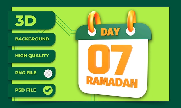 Representación 3d del día 7 del calendario de ramadán para el ayuno musulmán