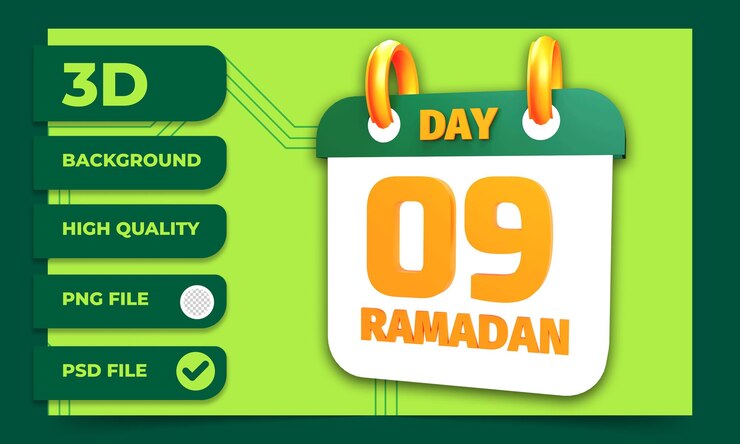 PSD representación 3d del día 9 del calendario de ramadán para el ayuno musulmán