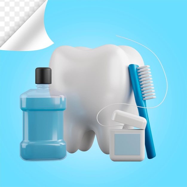 Representación 3D de los dientes de la escena del cuidado bucal con hilo dental y cepillo de dientes