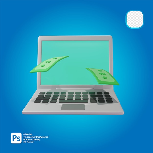 PSD representación 3d de dinero que sale de la computadora portátil
