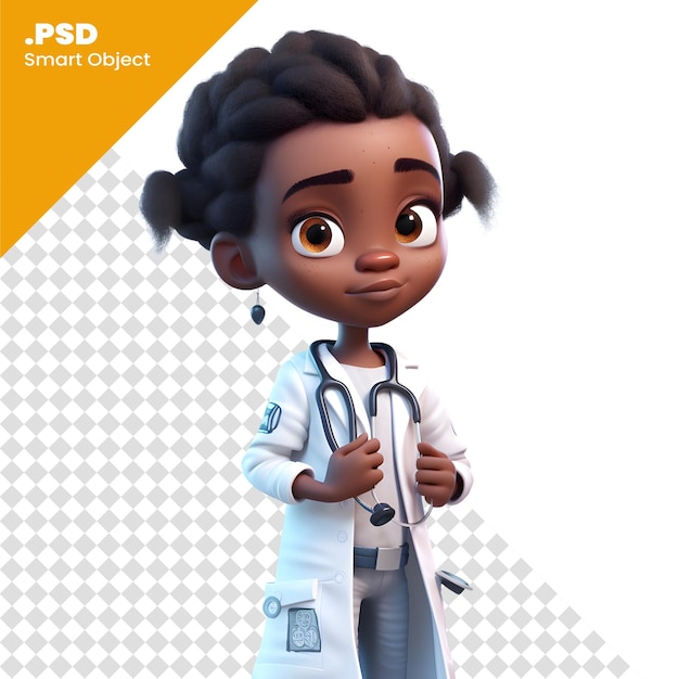 Representación 3D de una doctora afroamericana con plantilla PSD de estetoscopio